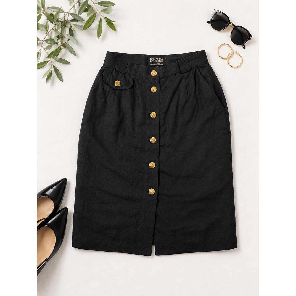 Escada Margaretha Ley‎ Vintage Black Linen Button Front Skirt Gold Buttons Sz 38